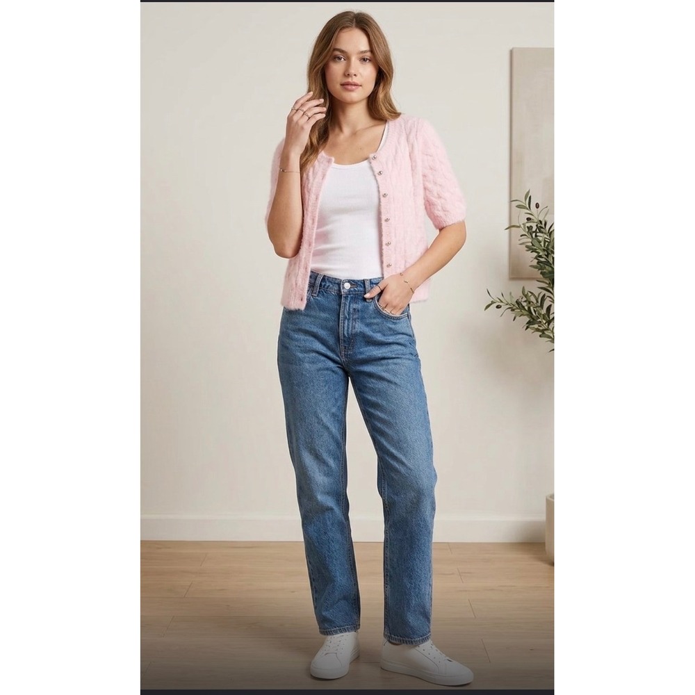 Cyrus Pink Eyelash Cable Knit Short Sleeve Cardigan Pearl Button CV032520 S